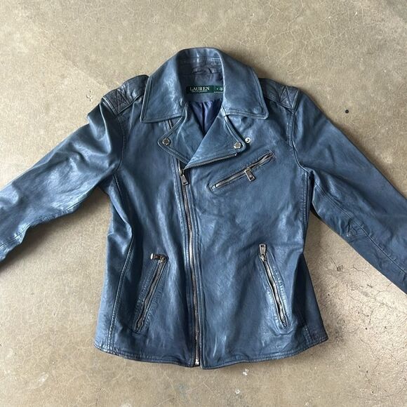 Ralph Lauren Leather Zip Blue Adreana Biker Jacket - Picture 15 of 15